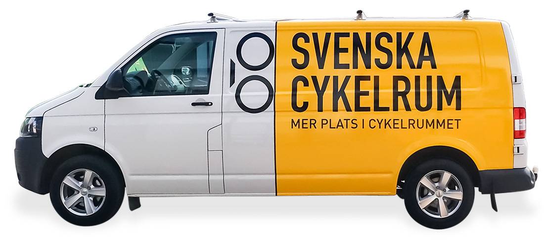 Bildekor till transportbilar Gul bildekor på vit Volkswagen Transporter till Svenska Cykelrum, Stockholm
